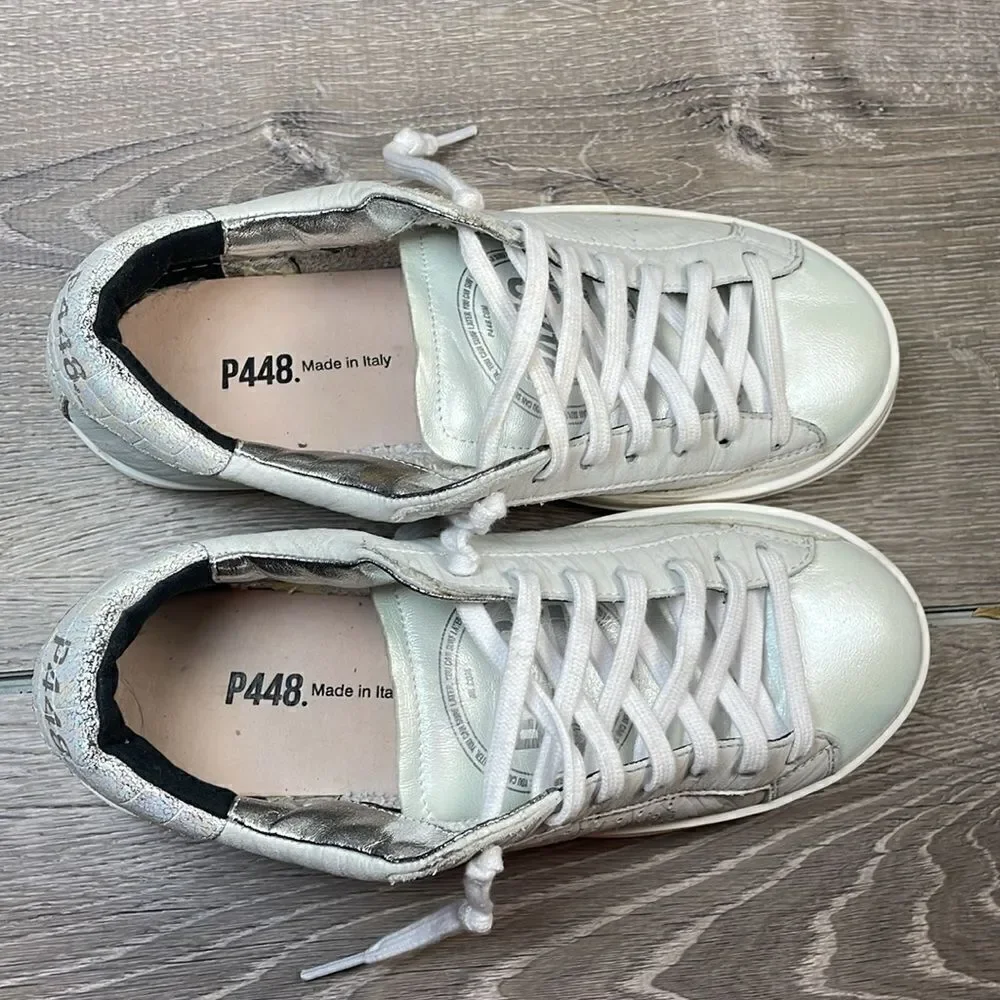 P448 John Women’s Sz 6-6.5/EU 36 Low Top Lace Up White Zebra Beige Sneakers